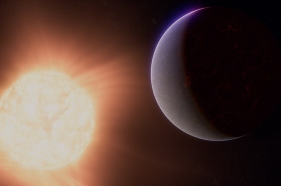 An artist's rendering bright star shining onto a dark exoplanet.