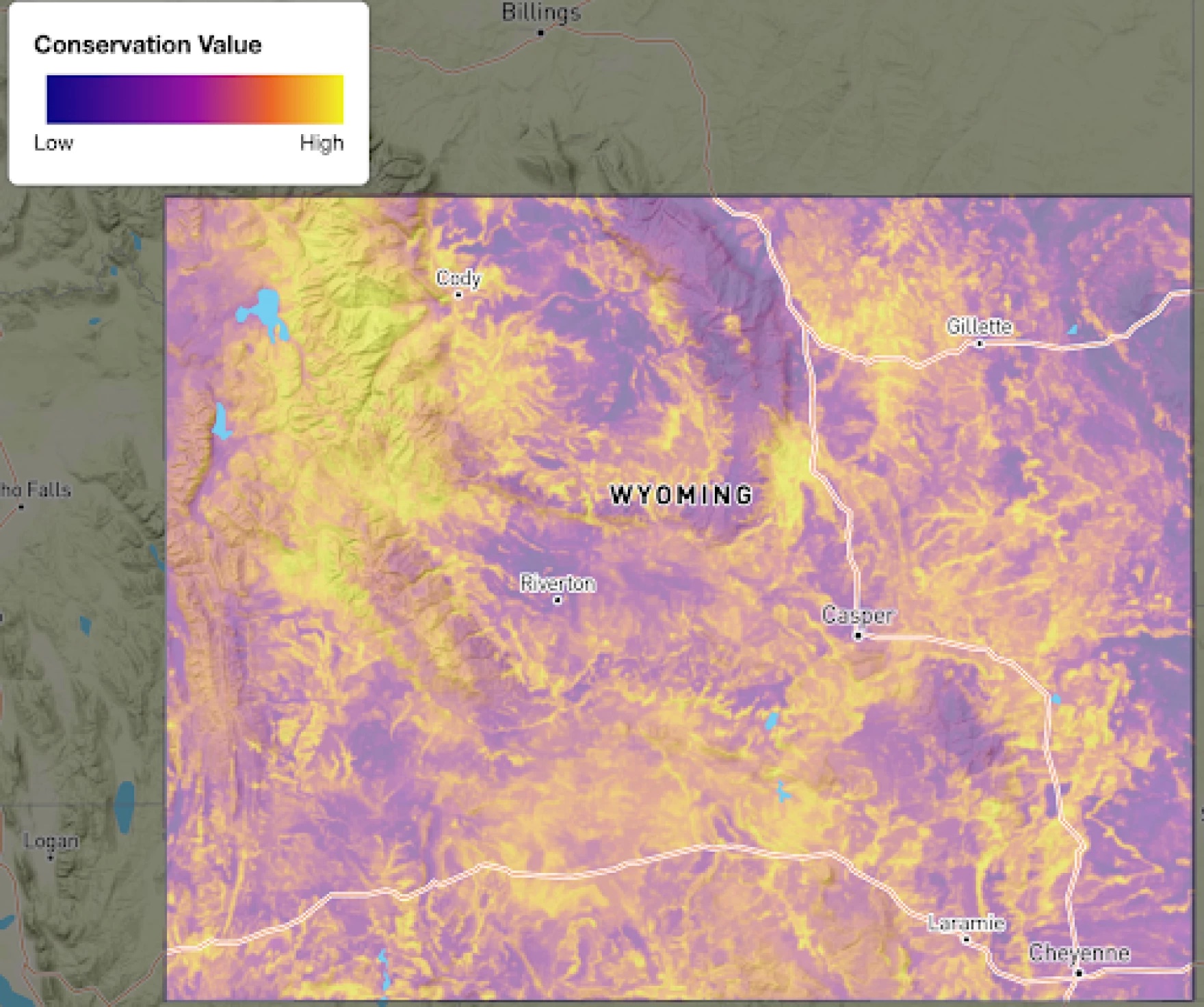 A map showing the different parts of Wyoming that have a high concentration of raptors.