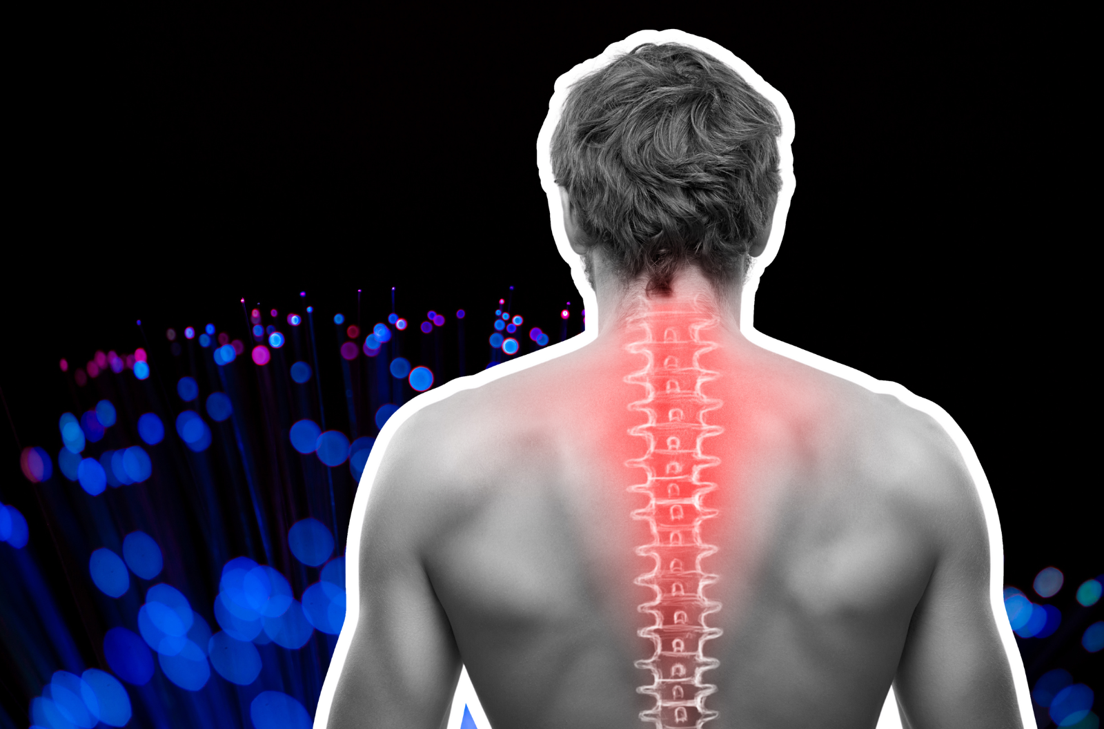 A man's back with a transparent spine image overlaid over where his spine would be.