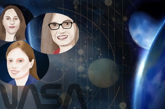 an abstract blue image of an earth-like planet, with round inset portraits of three women