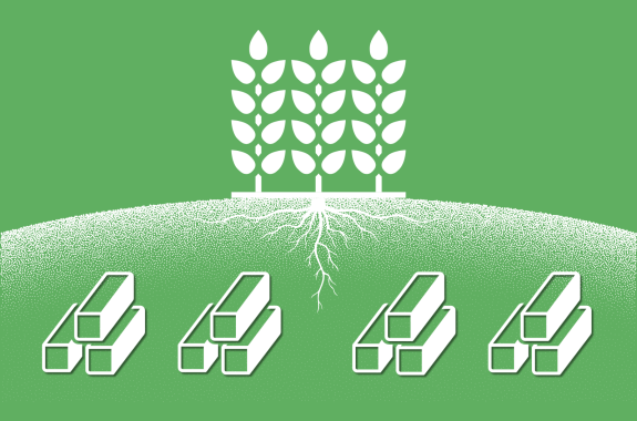 A green background with a graphic of several plants on a hill growing roots into the ground, where metal ores lie.