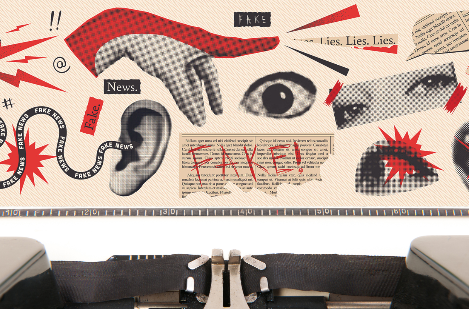A collage of newspaper, eyes, ears, and mouths that shows an abstraction of how lies spread.