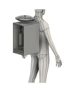 A digital mockup of a person wearing a rectangular backpack with a device on the inside.