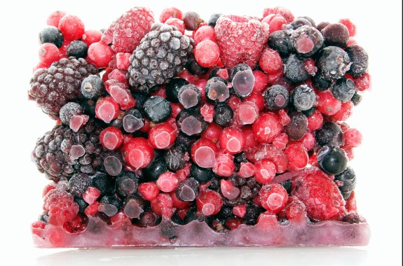 A block of frozen berries