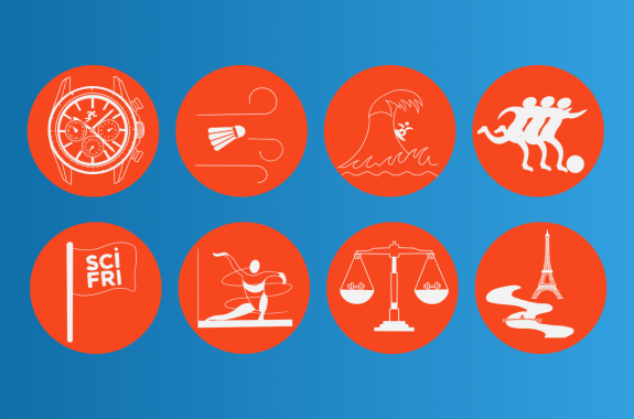 8 orange circles with drawings representing different sports against a blue background