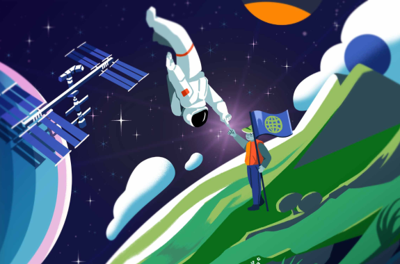 Against a starry sky an astronaut floats upside down and reaches out to a young person standing in the mountains and holding a flag.