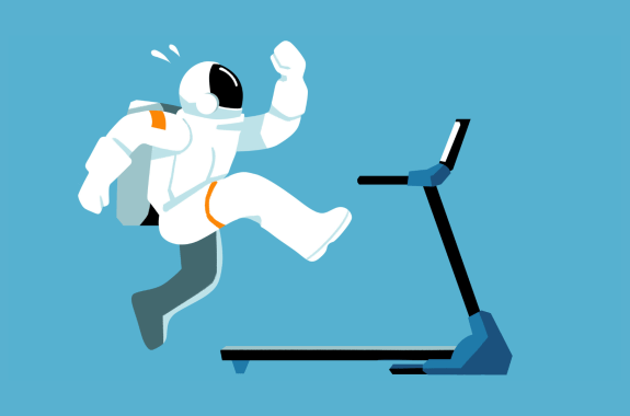 An illustrated astronaut humorously tries to catch up to a treadmill’s pace.