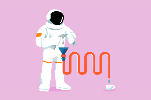 An astronaut wrings out a cloth, and gray liquid drops into a funnel attached to complex glassware. On the other side of the contraption, blue water drops into a coffee cup.