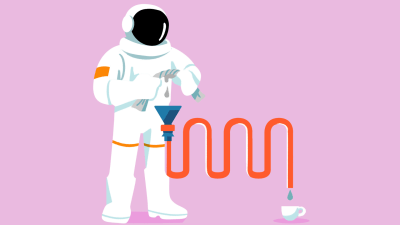 An astronaut wrings out a cloth, and gray liquid drops into a funnel attached to complex glassware. On the other side of the contraption, blue water drops into a coffee cup.
