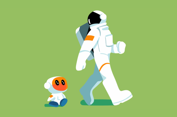 A walking astronaut turns to look over their shoulder and sees a small cartoon-style humanoid robot in a white suit with an orange face and big eyes following along.