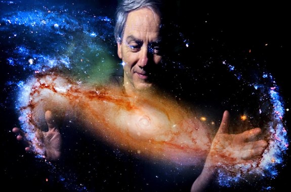 Mario Livio overlapped on an image of a galaxy