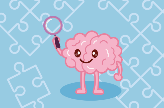 A cheery cartoon-style brain smiles and holds a magnifying glass.