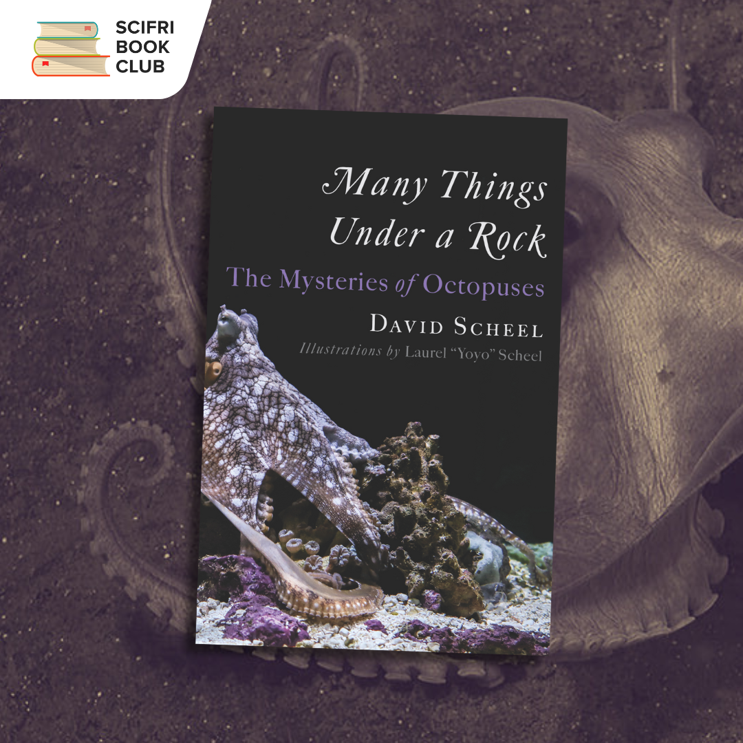 The book cover of MANY THINGS UNDER A ROCK by David Scheel in the middle, with a black and white photo of an octopus as the background. The logo for the SciFri Book Club in the top left corner.