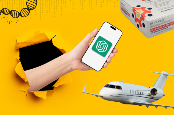 A collage of technology that includes a vaccine, a jet plane, and a hand holding a phone with the ChatGPT logo.