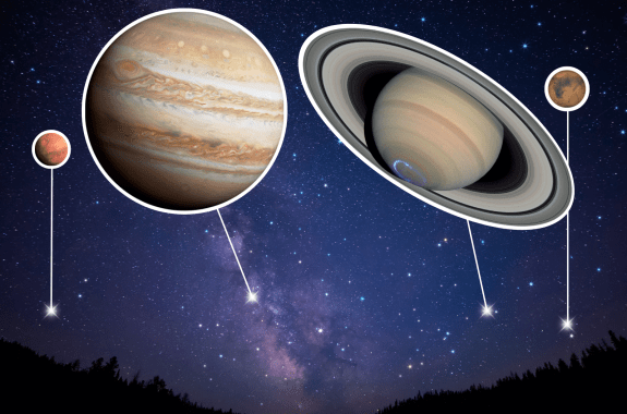 A lineup of planets in the night sky, Mars, Jupiter, Saturn, and Venus.