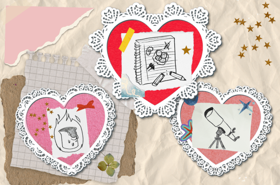 Three science-themed valentines day cards put into a scrapbook-like composition