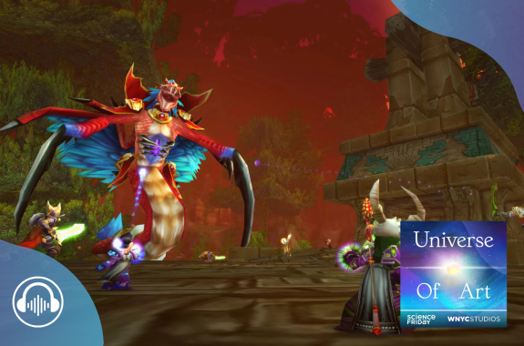 a video game depicting various fantastical characters fighting a large, demonic serpent character in a ruin setting