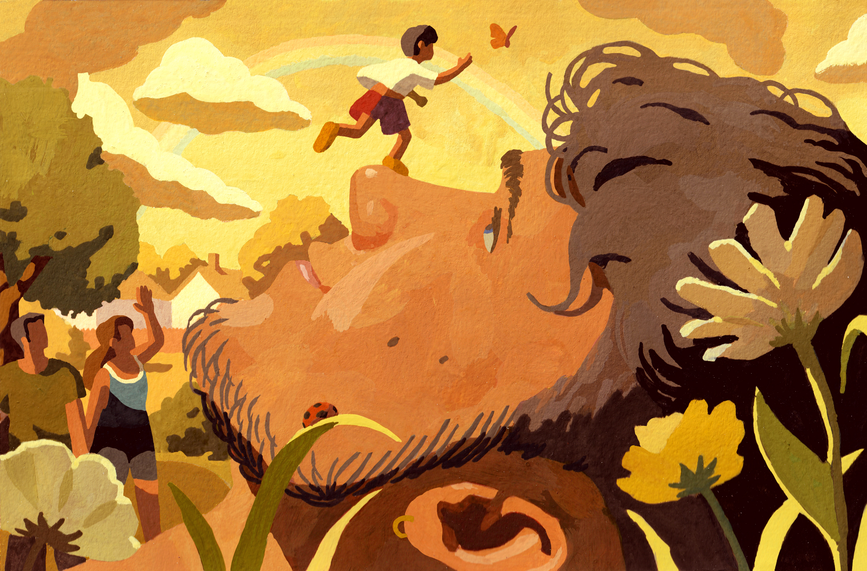 A painting of a man's face smiling and reflecting on a happy chilhood