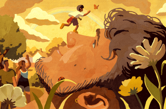 A painting of a man's face smiling and reflecting on a happy chilhood