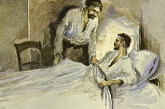 A painting of a man visiting a sick man in bed.