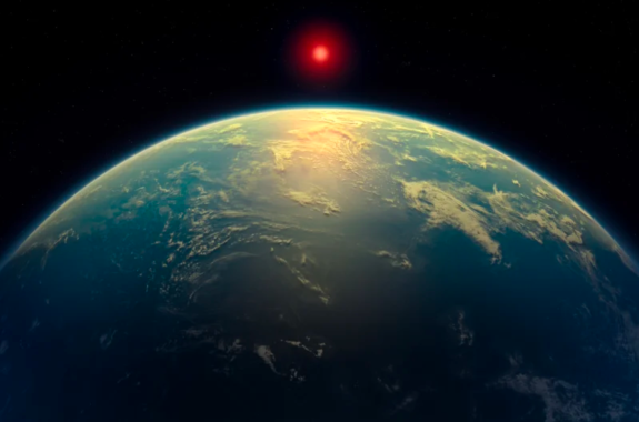 An exoplanet with a red star above it.