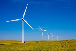 wind turbines on a clear sunny day on a grassy plain