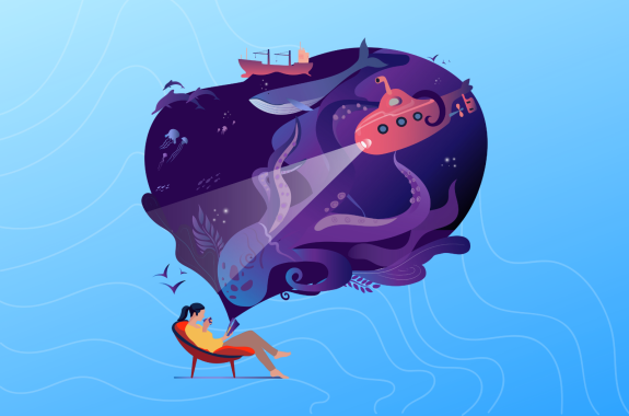 The girl sits in a comfortable chair, drinks tea and reads a book, represents the underwater world. A huge octopus attacked the Delvina's underwater tray and the whale is floating on the waves. Credit: Canva