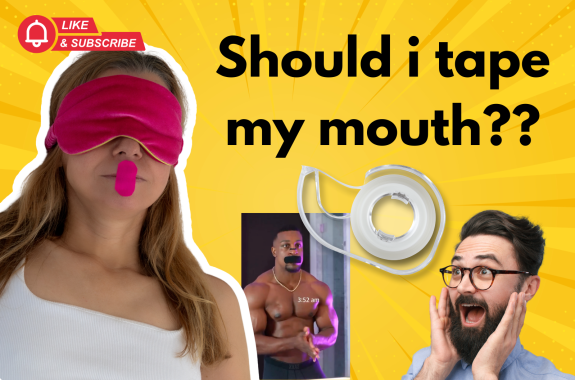 A youtube thumbnail-looking image composite of a woman wearing mouth tape with the words "should i tape my mouth??" overlaid.