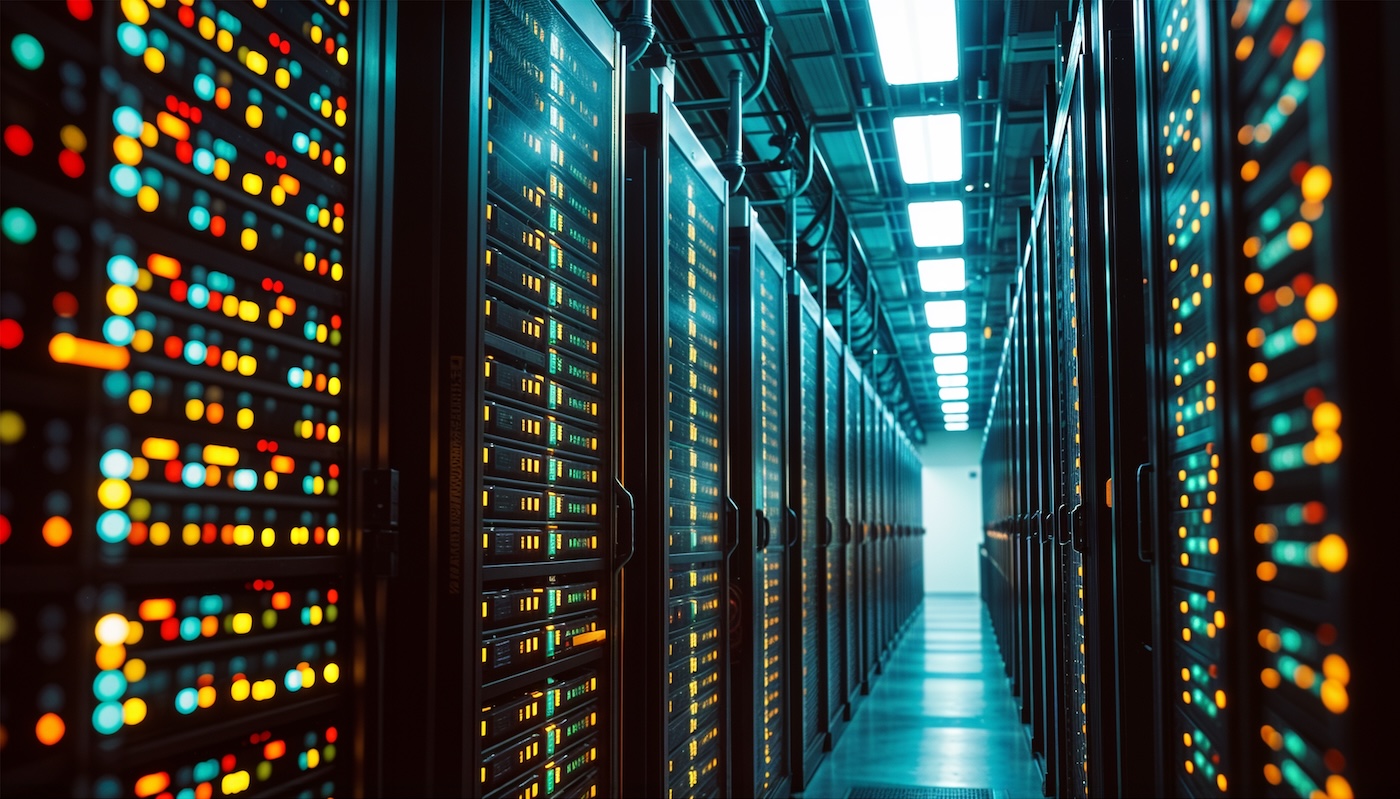 Data centers filled with rows and rows of servers as blinking light indicate constant processing, high detail, cinematic angle composition