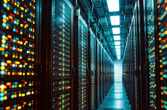 Data centers filled with rows and rows of servers as blinking light indicate constant processing, high detail, cinematic angle composition