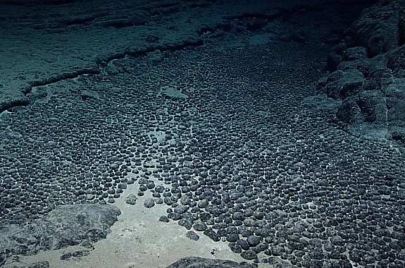 a bunch of round black rocks sitting on the ocean floor
