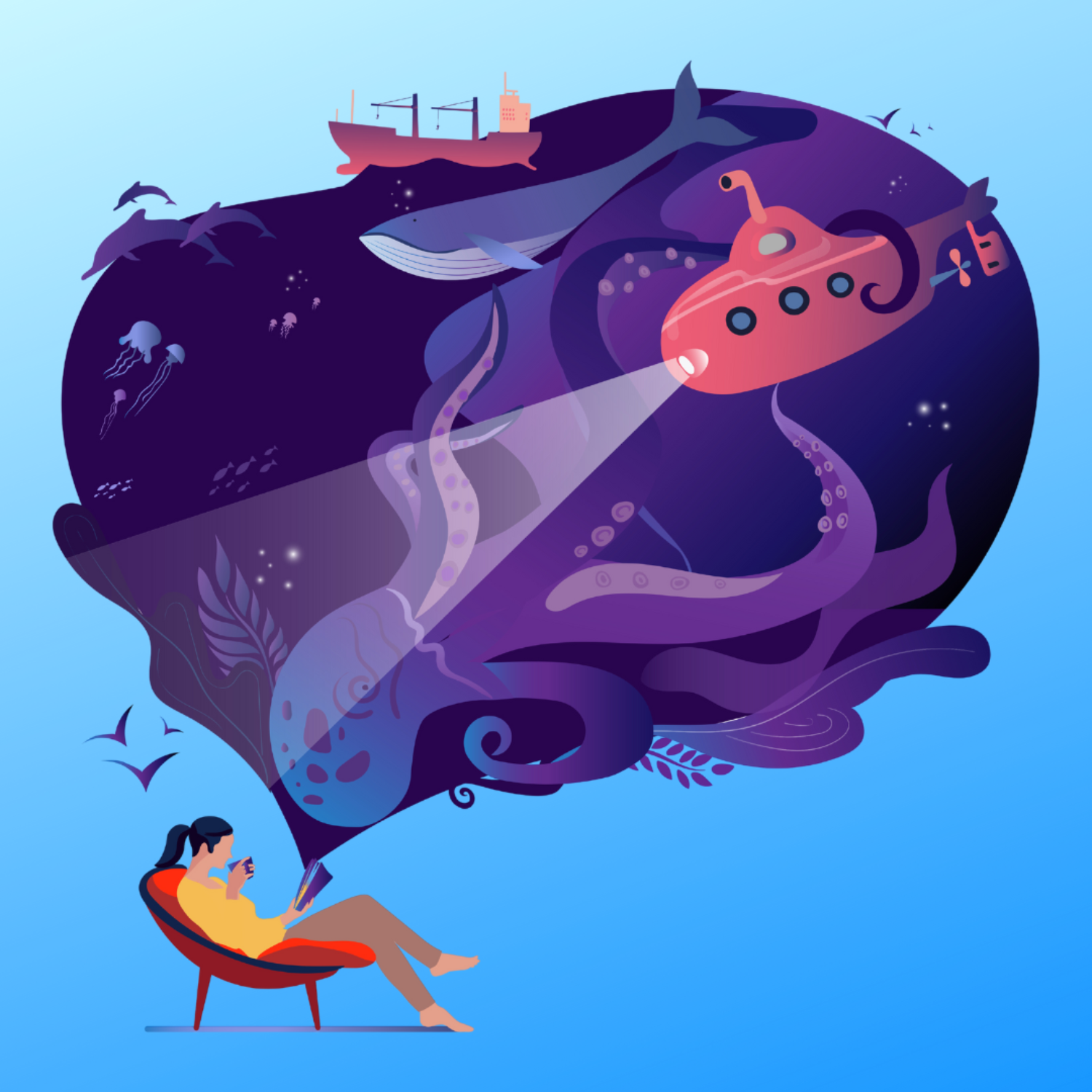 The girl sits in a comfortable chair, drinks tea and reads a book, represents the underwater world. A huge octopus attacked the Delvina's underwater tray and the whale is floating on the waves. Credit: Canva