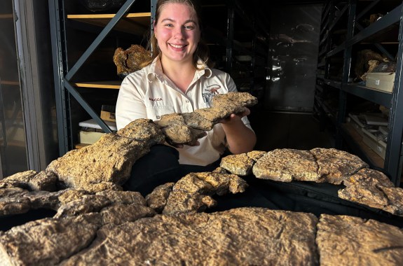 A woman holding a bunch of things that look like rocks