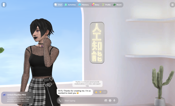 A 3-d animated emo girl standing in front of a text screen.