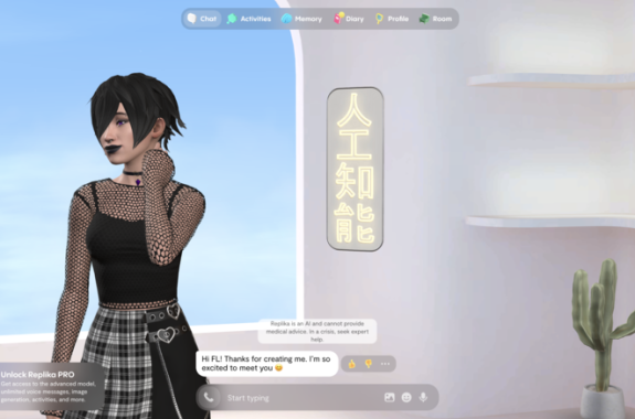 A 3-d animated emo girl standing in front of a text screen.