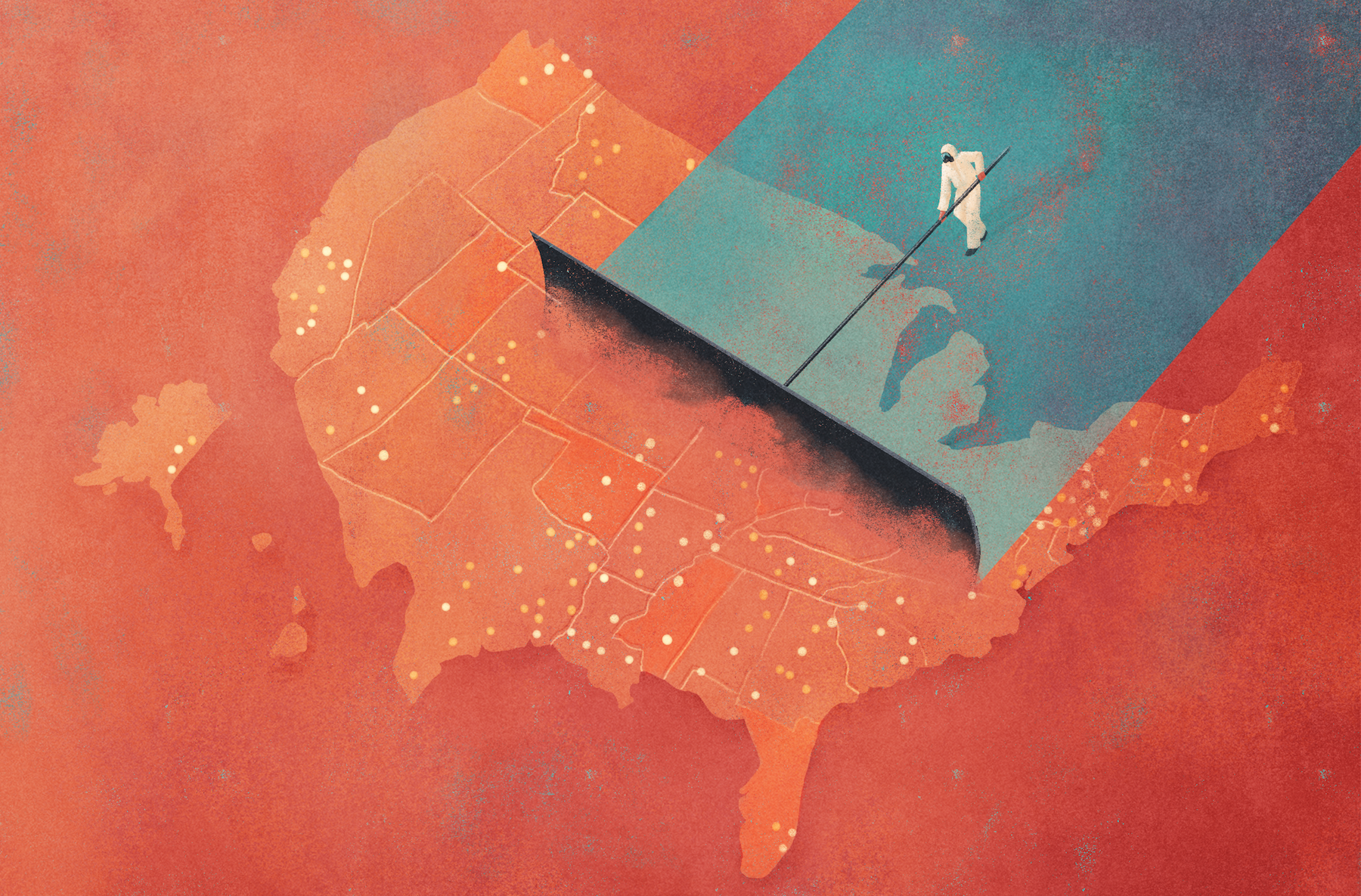 An illustration of a person cleaning up superfund sites across the United States