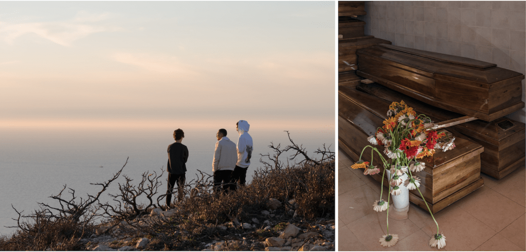 Left: a group of three teenagers look out onto the ocean from a cliff. Right: wilting flowers next to coffins.
