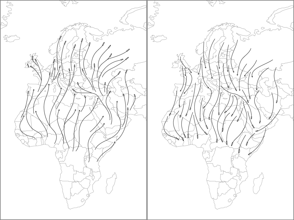 On the left, a map of Africa and Europe with arrows pointing upward from lower Africa to upper Europe. On the right, the same map with arrows pointing down from upper Europe to lower Africa.