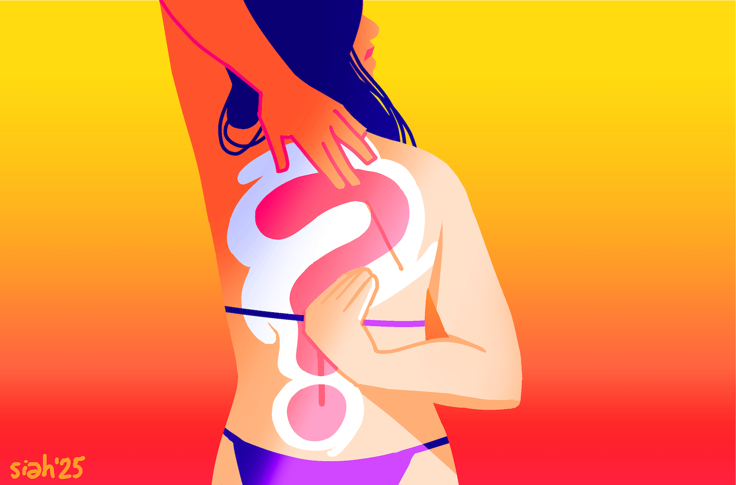 An illustration of a person trying to rub subcreen on her back, but a sunburn in the shape of a question mark is there.