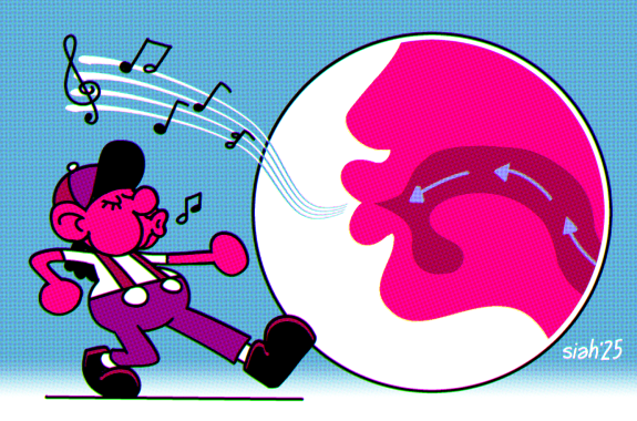 An illustration of a cartoon character whistling while walking. Beside him is a buddle that shows air passing through the inside of his mouth