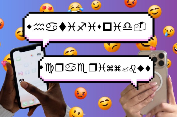 Two people holding phones and texting with emojis and code symbols