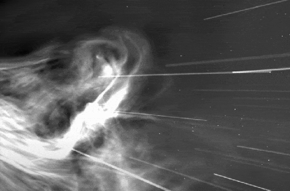 A black and white rendering of a wavy haze radiating off the Sun