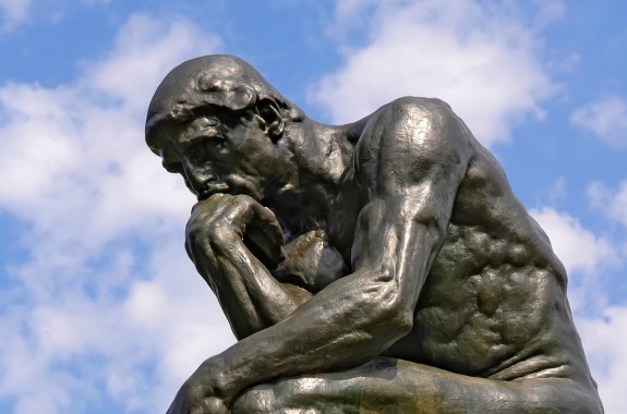 The statue The Thinker 1904 by Auguste Rodin on display at the Frederik Meijer Gardens and Sculpture Park in Grand Rapids Michigan MI USA. Created 07.18.23