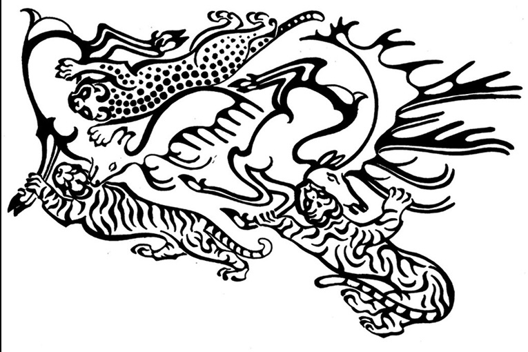 A black and white drawing of tigers attacking two stags