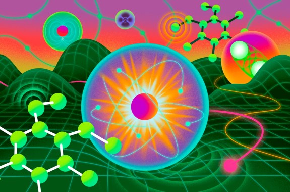 An illustration of various topics in quantum physics like particles and waves