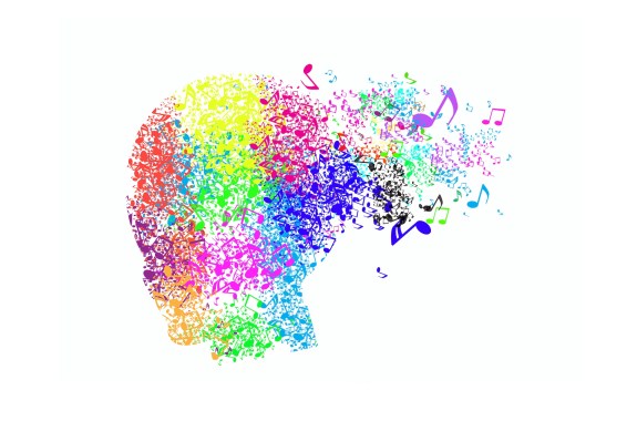 Head profile made up of different colored music notes on a white background.