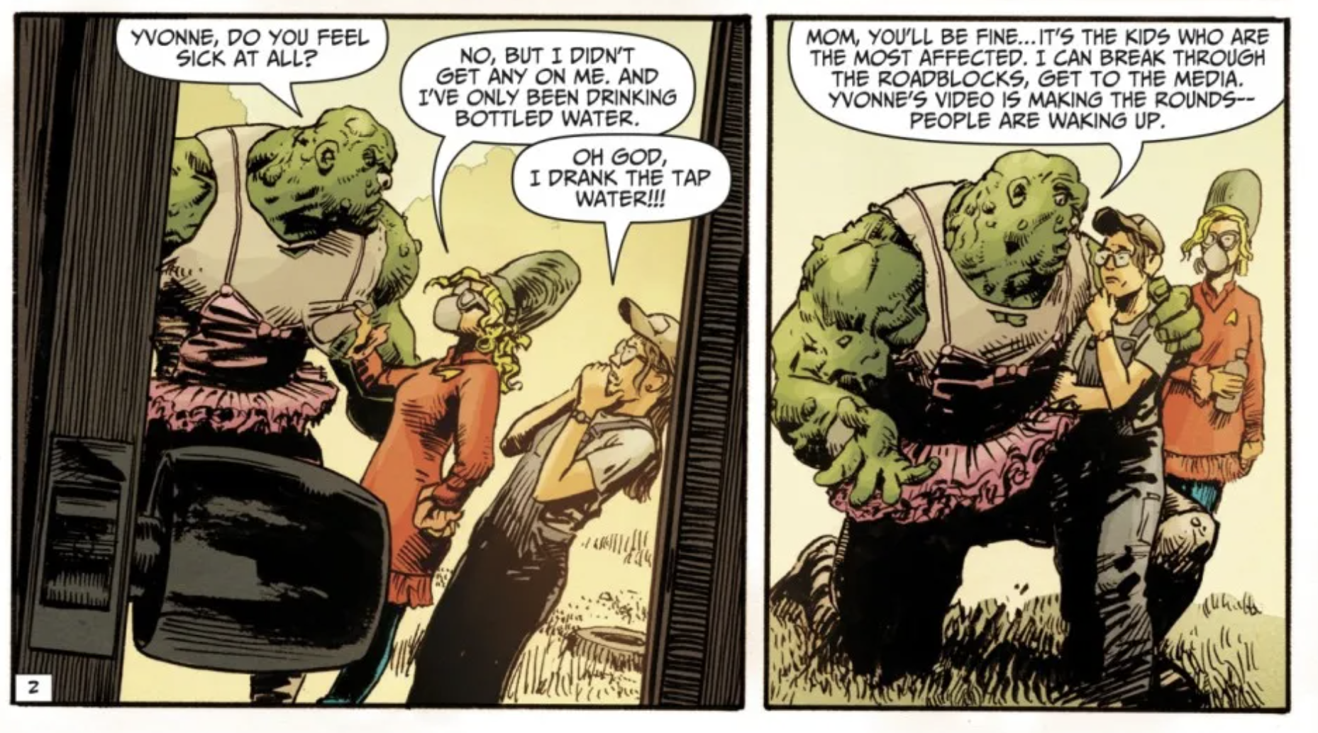 A large green grotesque figure kneels down and talks to two women