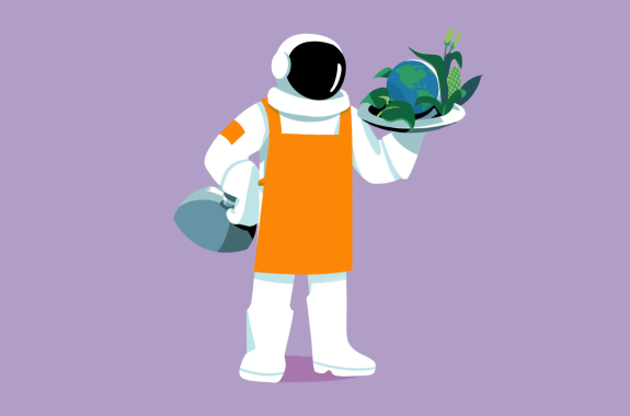 An illustrated astronaut in a chef's apron holds up lush vegetables and a globe on a tray.