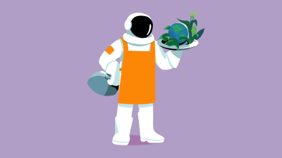 An illustrated astronaut in a chef's apron holds up lush vegetables and a globe on a tray.