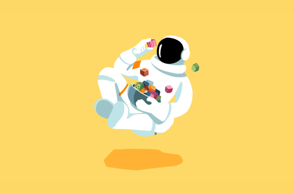 An illustrated astronaut floats cross-legged eating colorful cubes of food.